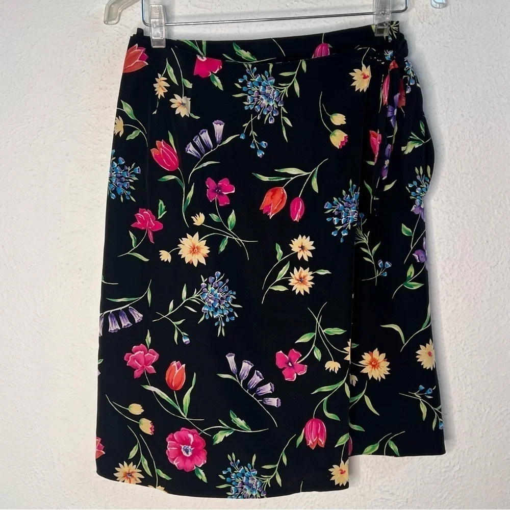 Talbots black floral skirt faux wrap skirt